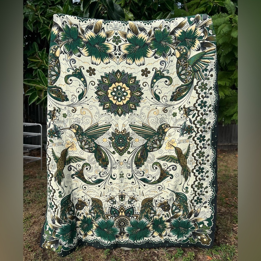 Boho Mexican Woven Blanket – Thick Hummingbird & Floral Design in Green